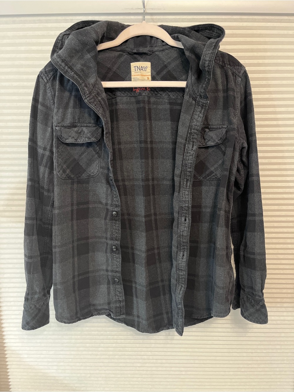 Tna Aritzia Boyfriend Fit Hooded Plaid Flannel Shirt Jacket Grey Black - S